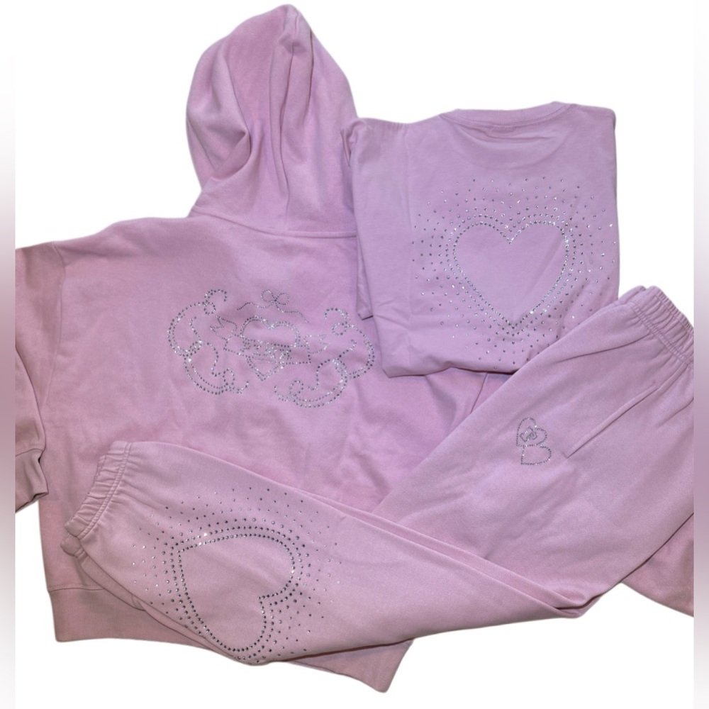 NEW VICTORIAS SECRET PINK BLING FULL ZIP HOODIE + JOGGERS RHINESTONE 2PC SET - Picture 6 of 10